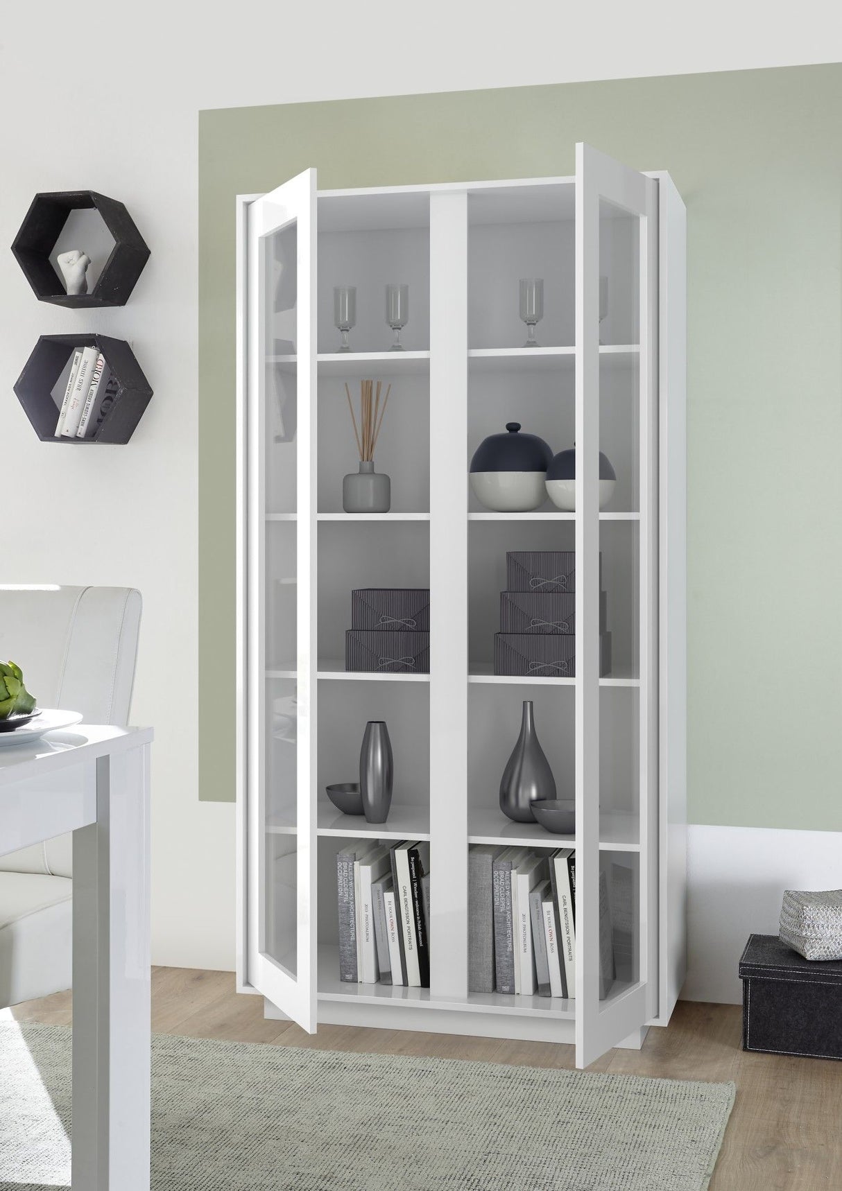 Vitrine - ICEBERG - Blanc laqué brillant - 2 Portes - Fabrication Italienne - 92 x 43 x 179 cm