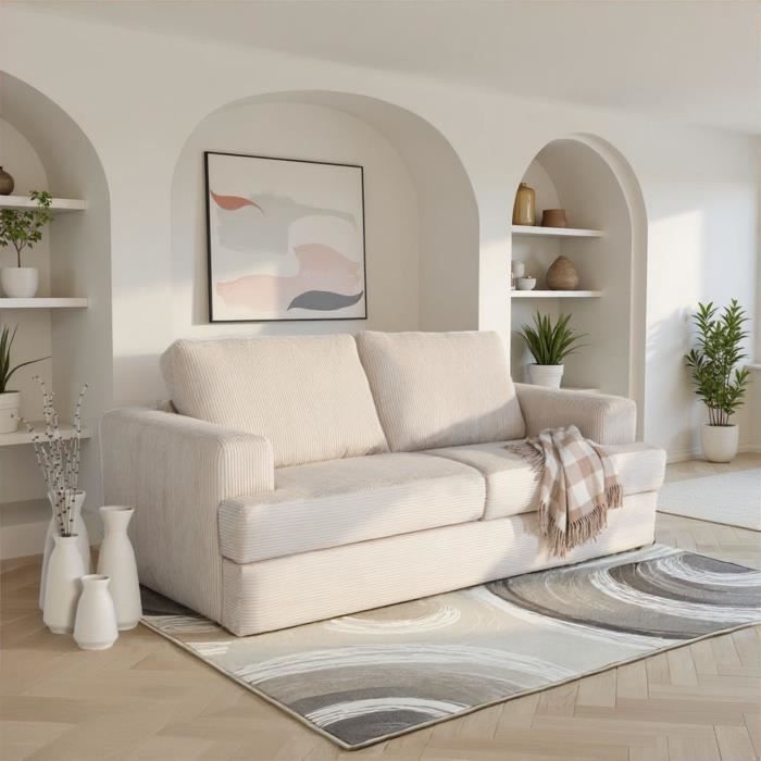 Canapé convertible express - 3 places - IGOR - Tissu velours côtelé - Perle - Matelas 15 cm - 211 x 107 x 90 cm - DUNLOPILLO