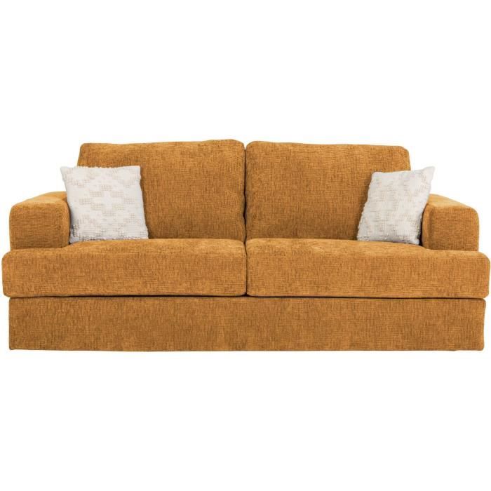 Canapé convertible express - 3 places - IGOR - Tissu gauffré - Ocre - Matelas 15 cm - 211 x 107 x 90 cm - DUNLOPILLO