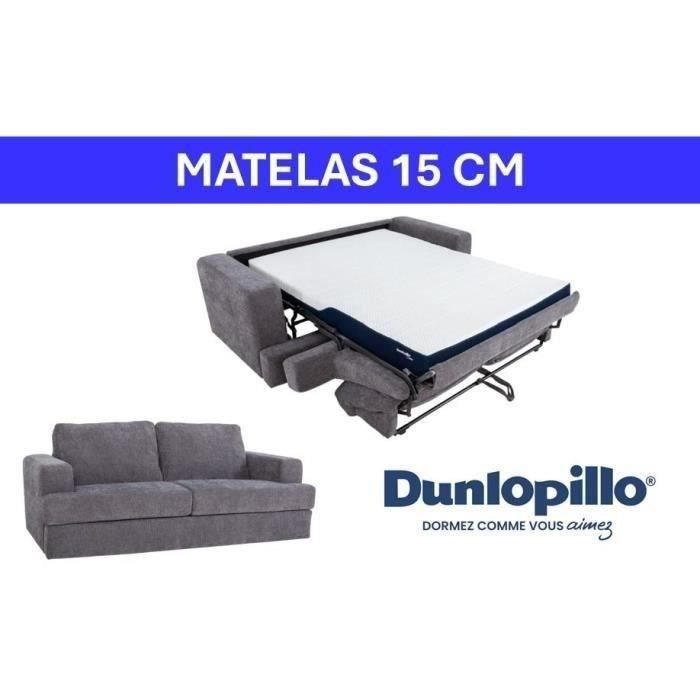 Canapé convertible express - 3 places - IGOR - Tissu gauffré - Gris souris - Matelas 15 cm - 211 x 107 x 90 cm - DUNLOPILLO