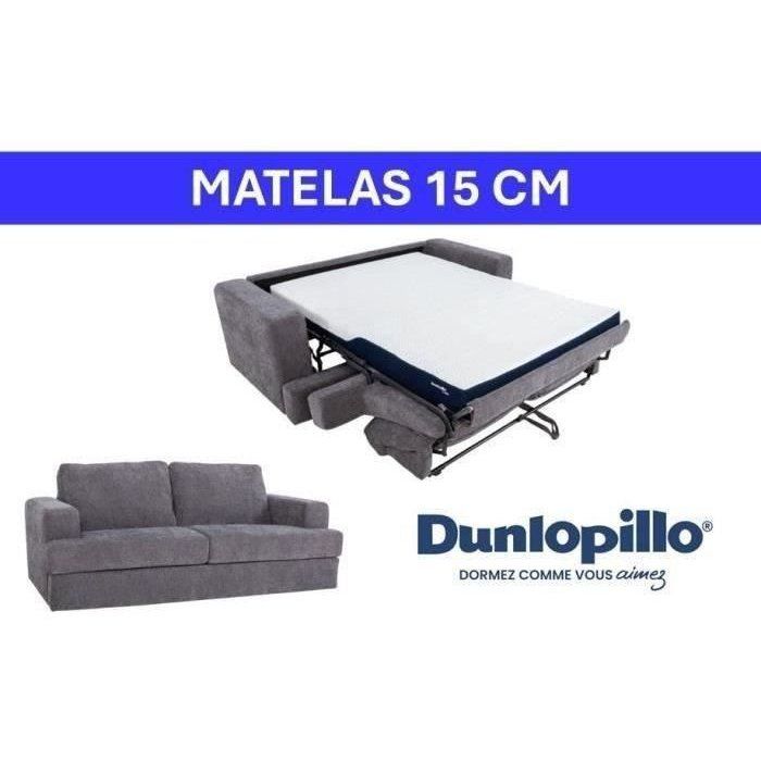 Canapé convertible express - 3 places - IGOR - Tissu gauffré - Gris souris - Matelas 15 cm - 211 x 107 x 90 cm - DUNLOPILLO