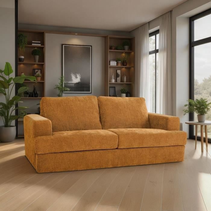 Canapé convertible express - 3 places - IGOR - Tissu gauffré - Ocre - Matelas 15 cm - 231 x 107 x 90 cm