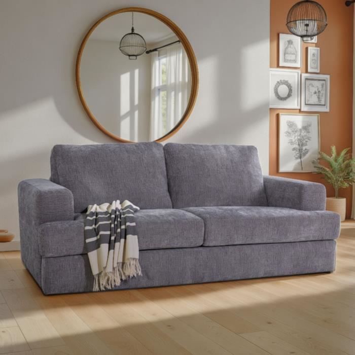 Canapé convertible express - 3 places - IGOR - Tissu gauffré - Gris souris - Matelas 15 cm - 231 x 107 x 90 cm