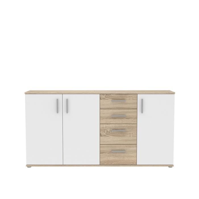 Buffet IKOLI - 3 portes, 4 tiroirs - Décor chene Sonoma et blanc - L159,3 x P31,4 x H81,7 cm - Poignées en plastique