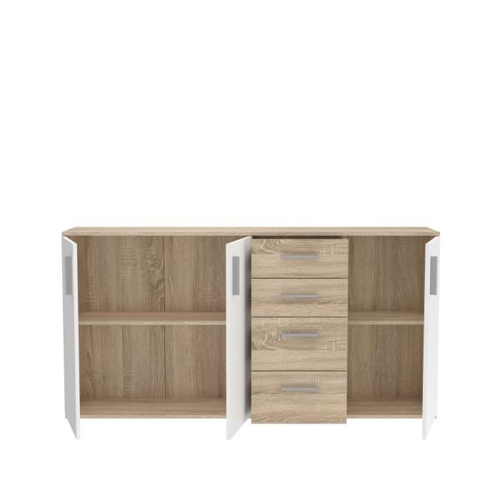 Buffet IKOLI - 3 portes, 4 tiroirs - Décor chene Sonoma et blanc - L159,3 x P31,4 x H81,7 cm - Poignées en plastique