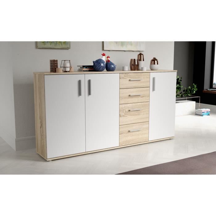 Buffet IKOLI - 3 portes, 4 tiroirs - Décor chene Sonoma et blanc - L159,3 x P31,4 x H81,7 cm - Poignées en plastique