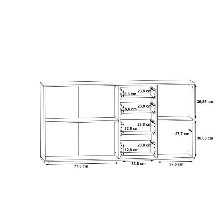 Buffet IKOLI - 3 portes, 4 tiroirs - Décor chene Sonoma et blanc - L159,3 x P31,4 x H81,7 cm - Poignées en plastique