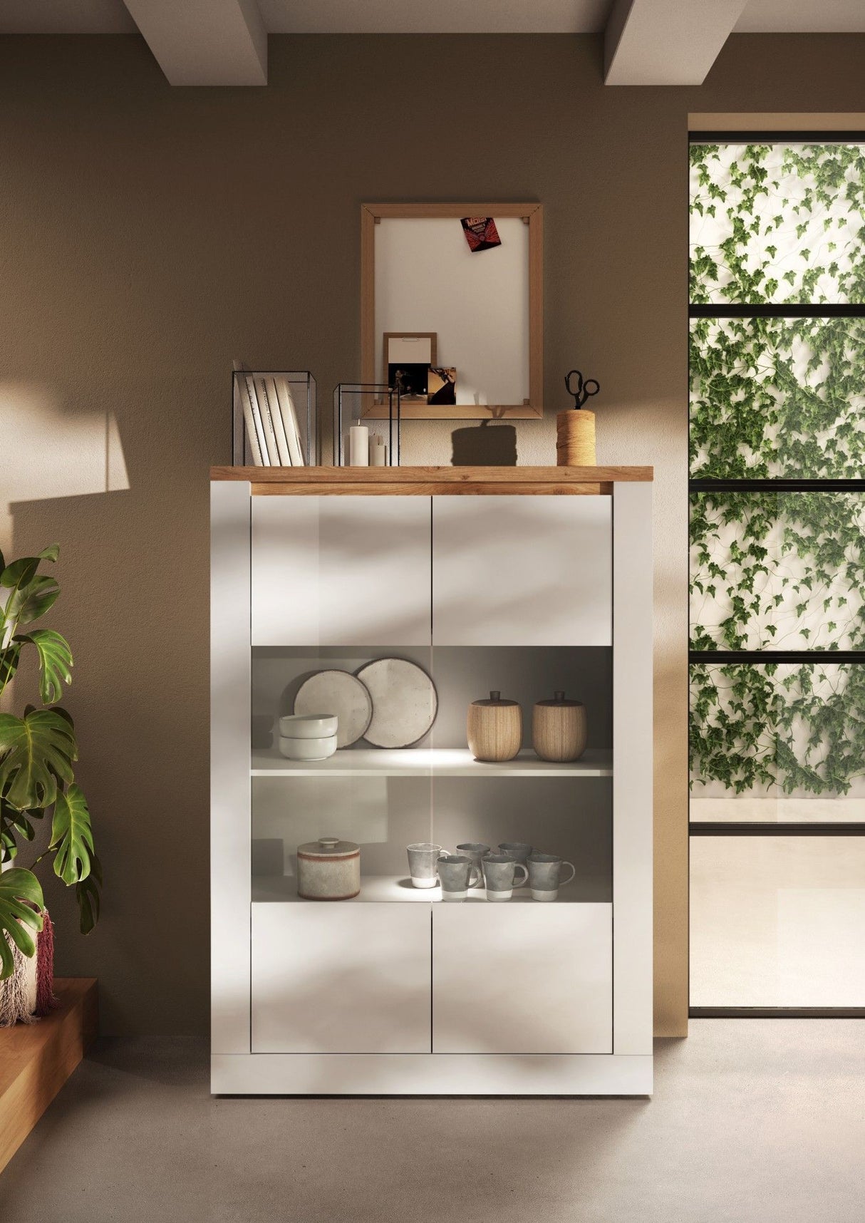 Vitrine - IMOLA - Blanc laqué / Plateau chene cadiz - 2 Portes - Fabrication Italienne - 114 x 43 x 160 cm