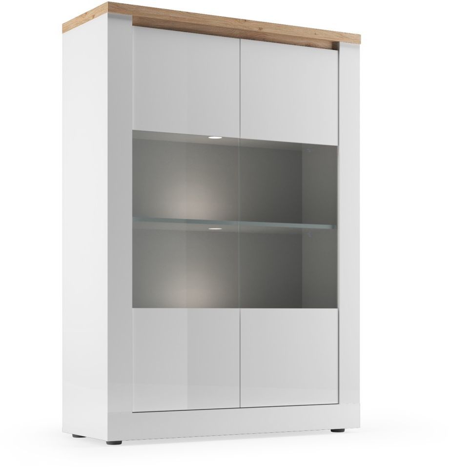 Vitrine - IMOLA - Blanc laqué / Plateau chene cadiz - 2 Portes - Fabrication Italienne - 114 x 43 x 160 cm