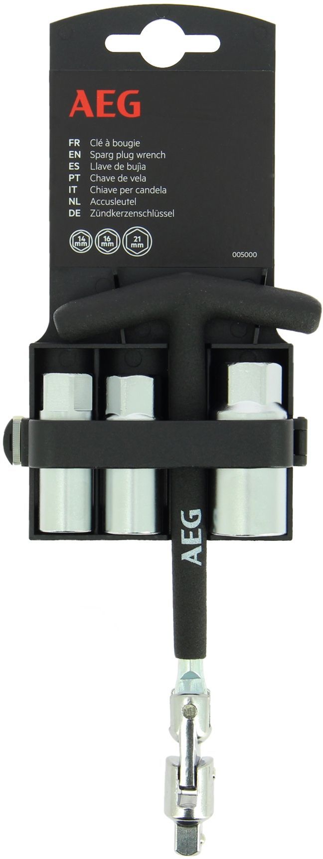 Clé a bougie articulée 3 douilles vehicule essence : 14/16/21mm - AEG - antiglisse - carré d'entraînement et douilles 3/8