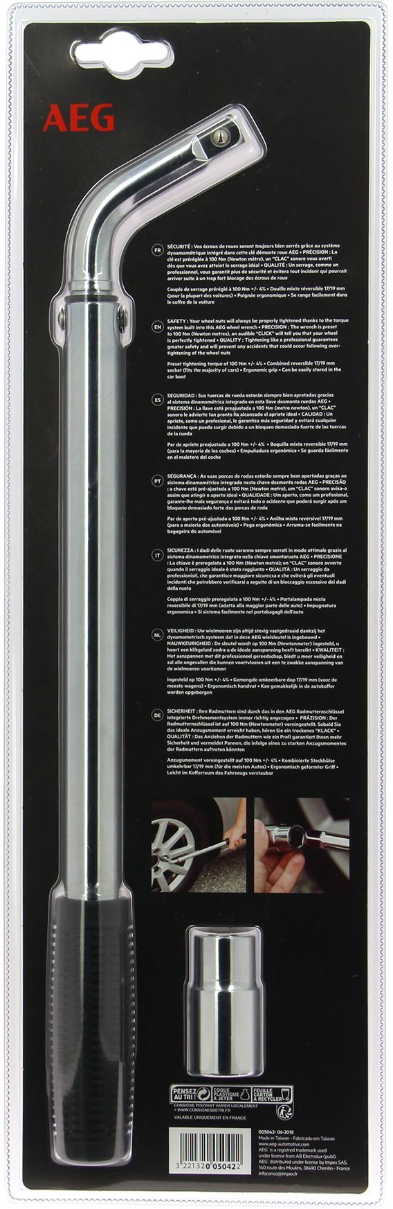 Clé démonte-roue dynamométrique préréglée a 100N/m - AEG - Douille réversible de 17 et 19mm - Acier au chrome-vanadium