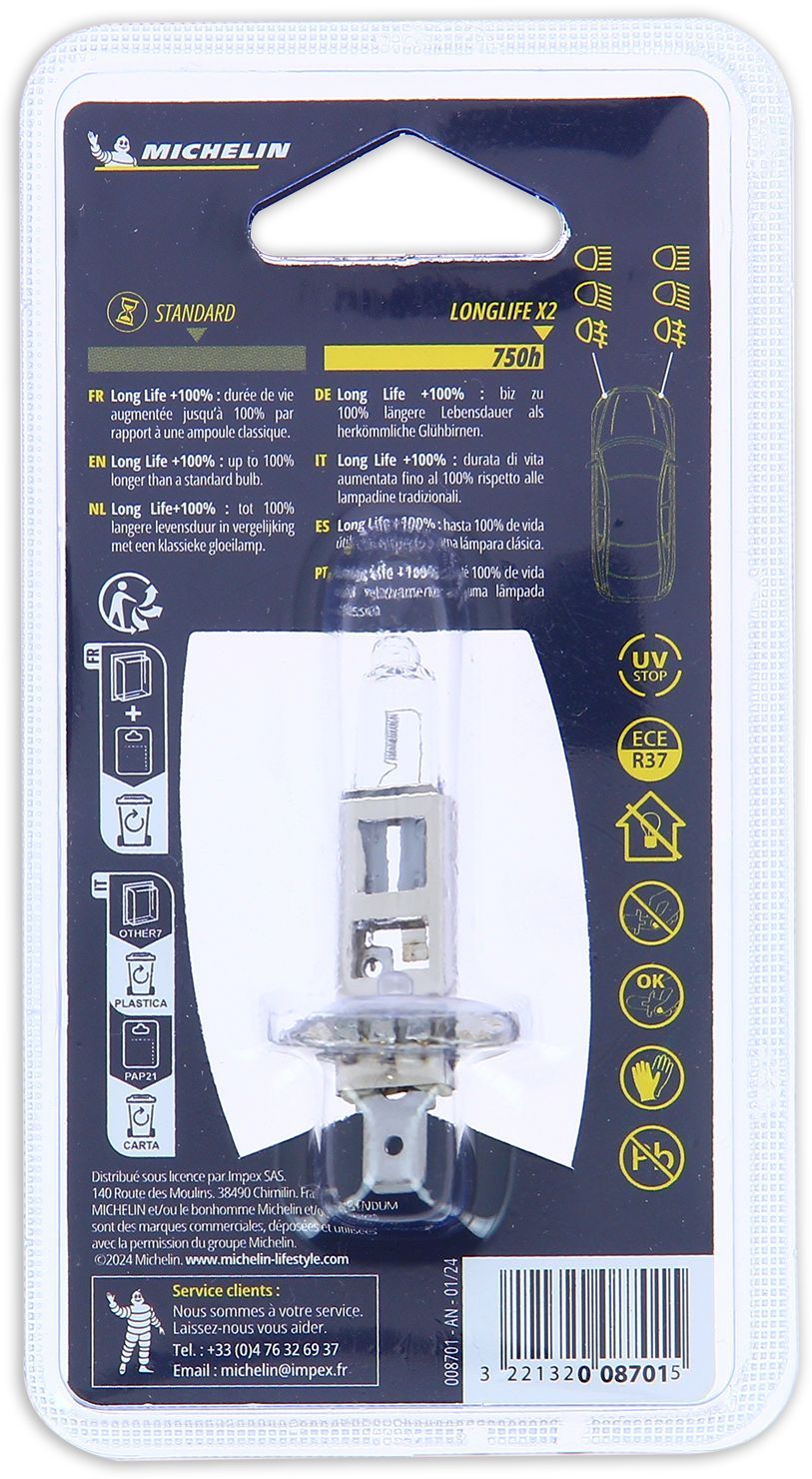 Ampoule H1 LIFE+100% 55W - MICHELIN -Feu de croisement, route, antibrouillard.