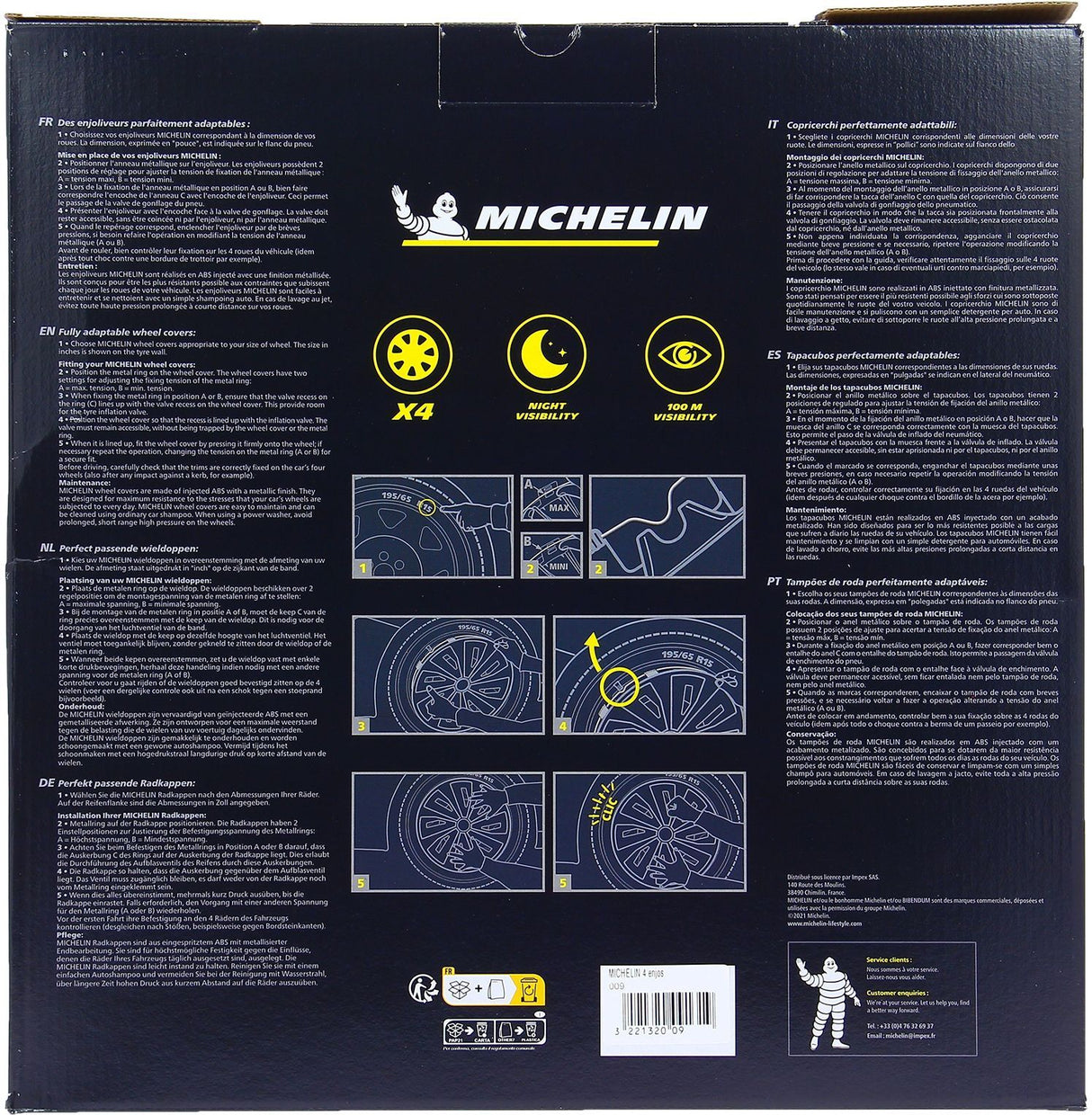 Lot de 4 enjoliveurs gris métallisés - MICHELIN - 16 pouces - Fixation simple par clips - NVS 42 pastille réflechissante