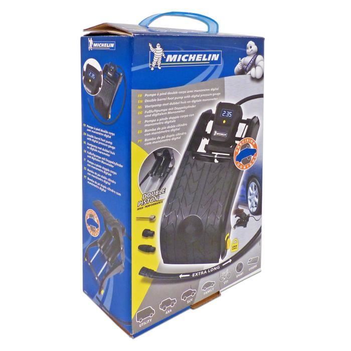 Pompe a Pied Double Piston manometre digital de 0.05 jusqu'a 7 bars- MICHELIN - Flexible nylon 60cm, embout laiton - psi, bar, kpa