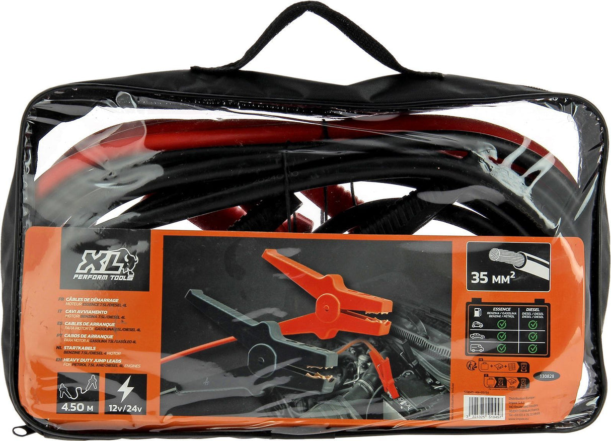 Lot de 2 câbles de démarrage - XLPT - 35 mm² - 4,50 m - Pinces isolées - Sacoche de rangement incluse