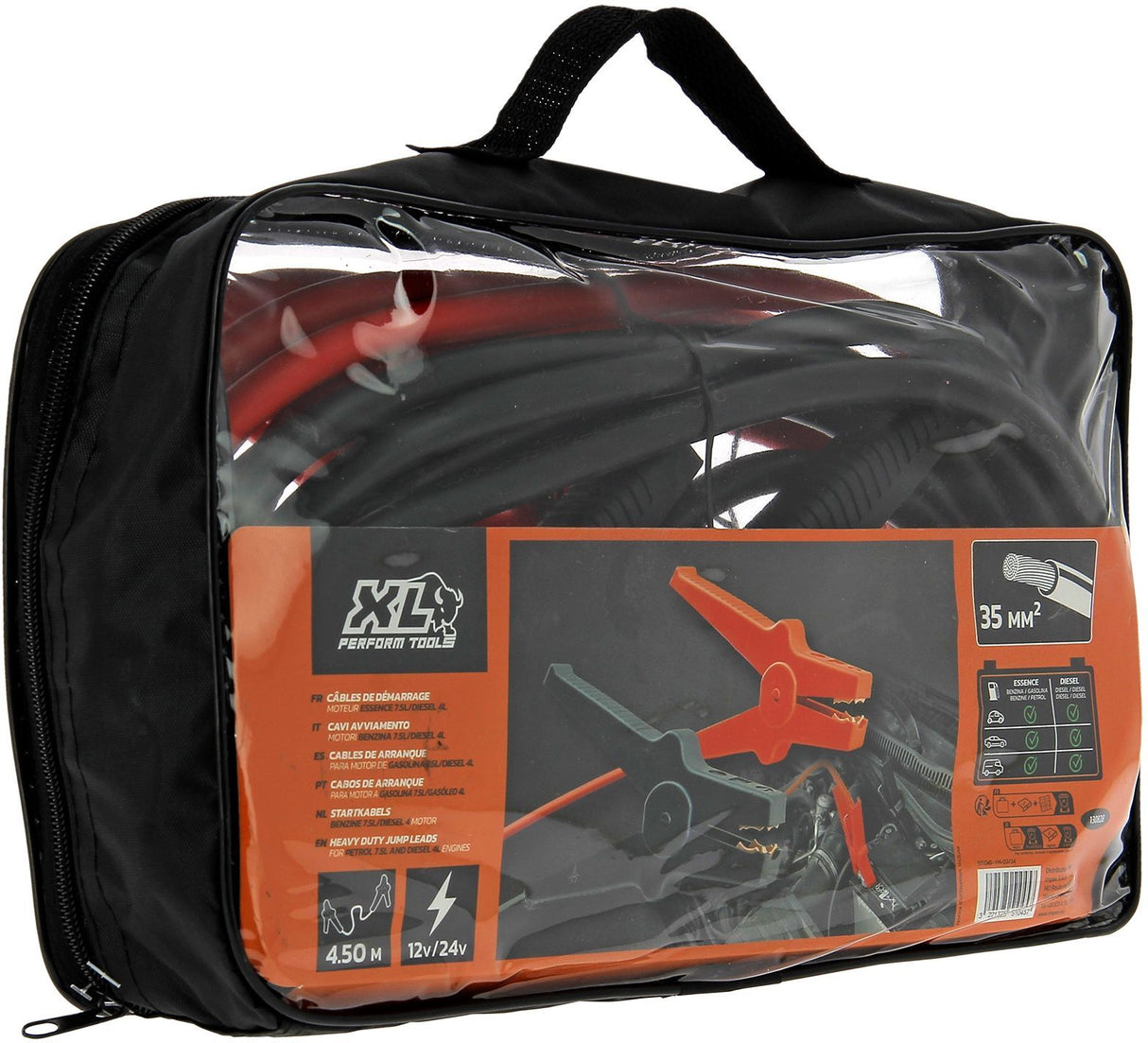 Lot de 2 câbles de démarrage - XLPT - 35 mm² - 4,50 m - Pinces isolées - Sacoche de rangement incluse