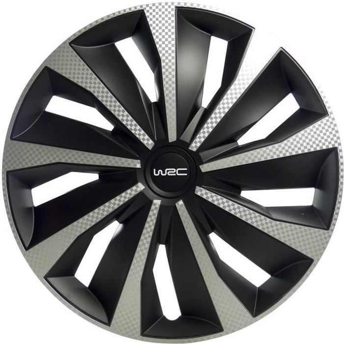 Lot de 4 Enjoliveurs 16 pouces - WRC - Bicolor noir & Carbon Style - facile a installer