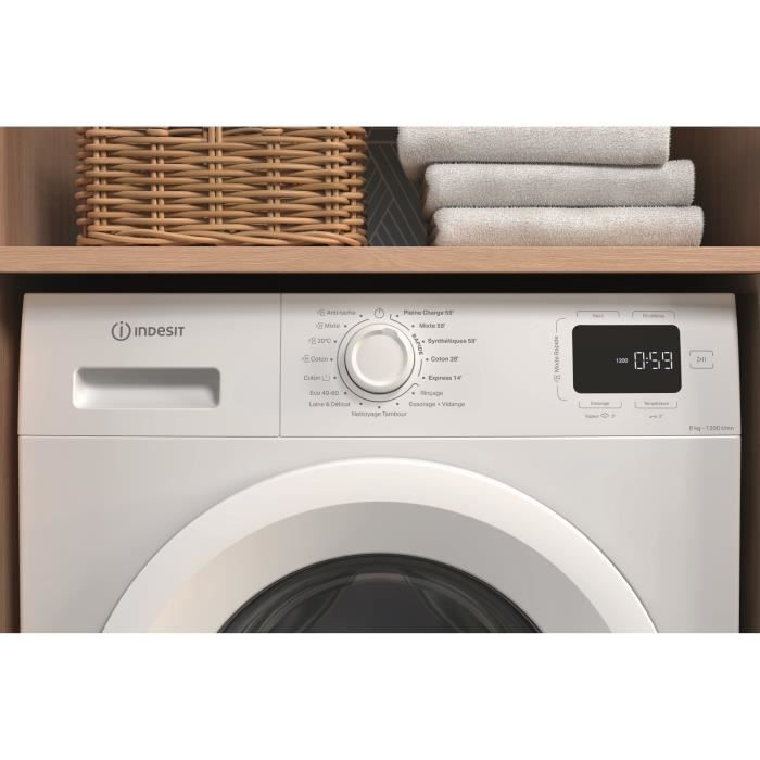 Lave-linge hublot INDESIT IMW862MYTIMEFR MyTime - 8 kg - Induction - L60cm - 1200 trs/min - Classe A - Blanc