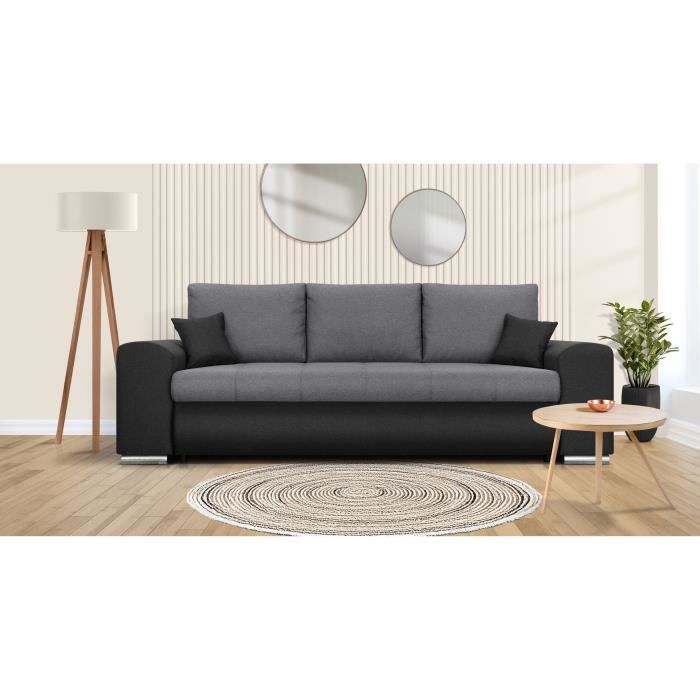 Canapé convertible avec coffre de rangement 3 places - INDIAN - Tissu bicolore gris / anthracite et pieds chrome - L250xH88xP98cm