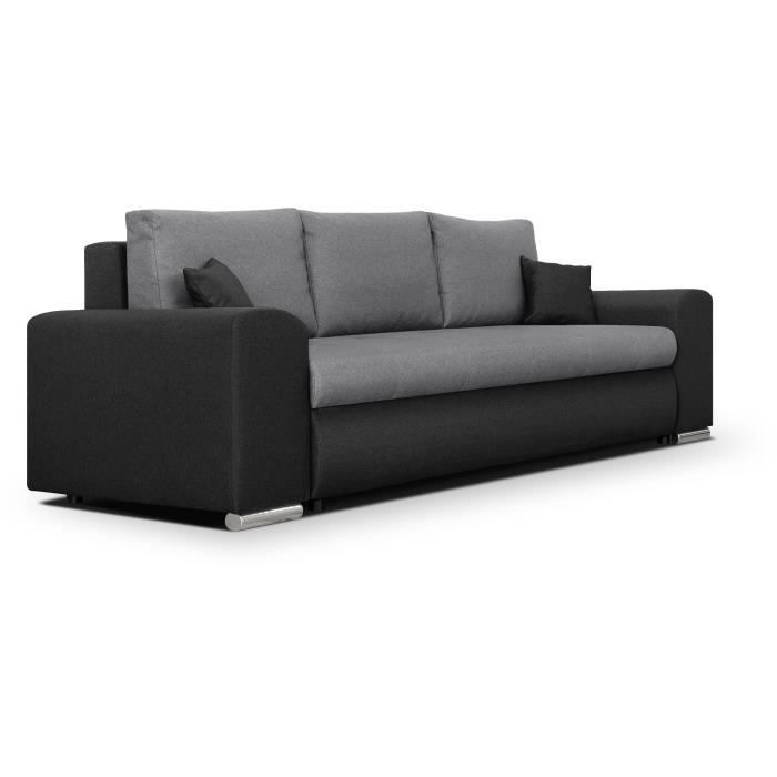 Canapé convertible avec coffre de rangement 3 places - INDIAN - Tissu bicolore gris / anthracite et pieds chrome - L250xH88xP98cm