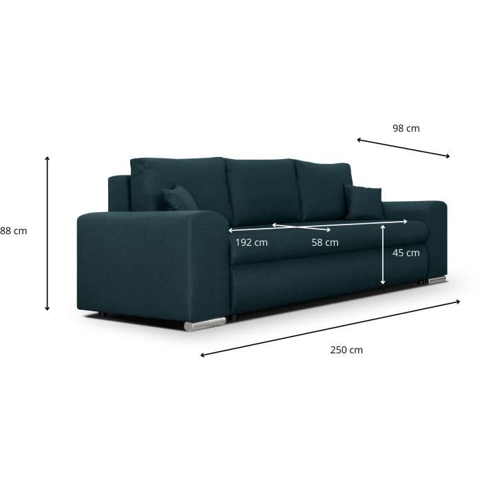 Canapé convertible avec coffre de rangement 3 places - INDIAN - Tissu bleu canard et pieds chrome - L250xH88xP98cm