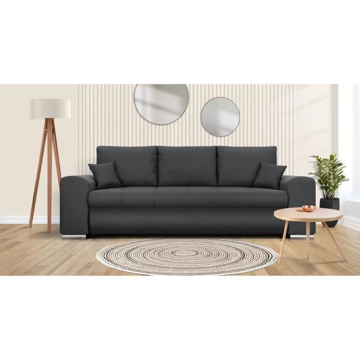 Canapé convertible avec coffre de rangement 3 places - INDIAN - Tissu gris foncé et pieds chrome - L250xH88xP98cm