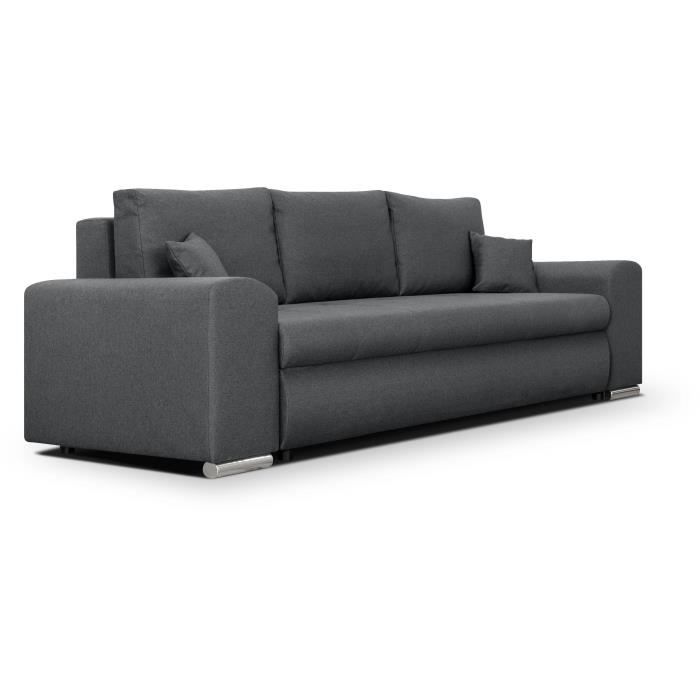 CanapÈ convertible avec coffre de rangement 3 places - INDIAN - Tissu gris foncÈ et pieds chrome - L250xH88xP98cm