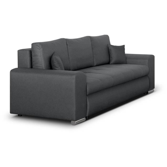 Canapé convertible avec coffre de rangement 3 places - INDIAN - Tissu gris foncé et pieds chrome - L250xH88xP98cm