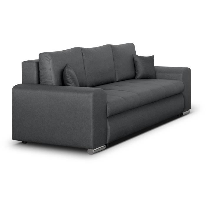 CanapÈ convertible avec coffre de rangement 3 places - INDIAN - Tissu gris foncÈ et pieds chrome - L250xH88xP98cm
