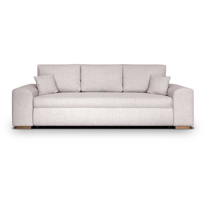 CanapÈ convertible avec coffre de rangement 3 places - INDIAN - Tissu beige et pieds bois - L250xH88xP98cm