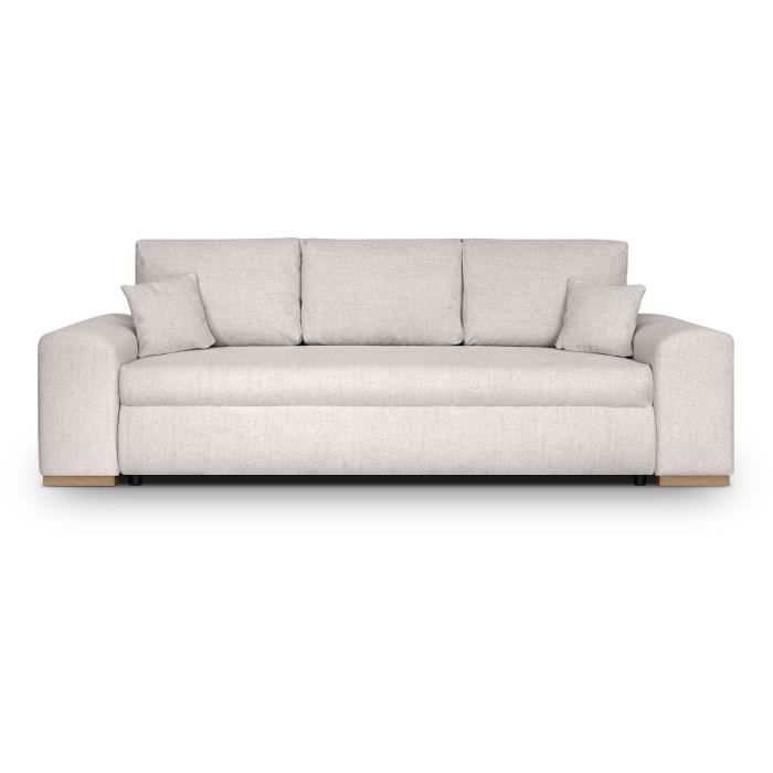 Canapé convertible avec coffre de rangement 3 places - INDIAN - Tissu beige et pieds bois - L250xH88xP98cm
