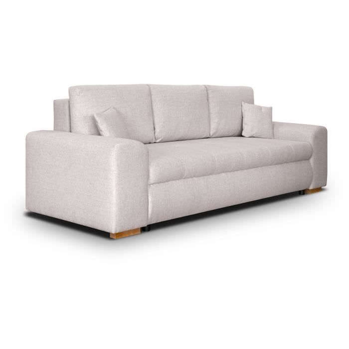 CanapÈ convertible avec coffre de rangement 3 places - INDIAN - Tissu beige et pieds bois - L250xH88xP98cm