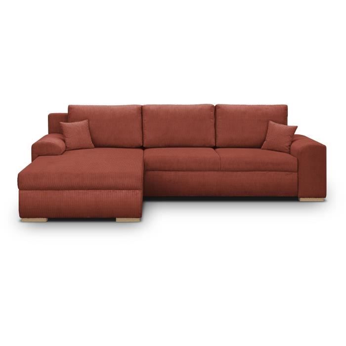 Canapé d'angle convertible - 5 places - INDIAN - Tissu velours côtelé Rouille - Coffre de rangement - 289 x 94/188 x 88 cm