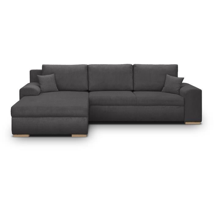 Canapé d'angle convertible - 5 places - INDIAN - Tissu velours côtelé Gris foncé - Coffre de rangement - 289 x 94/188 x 88 cm