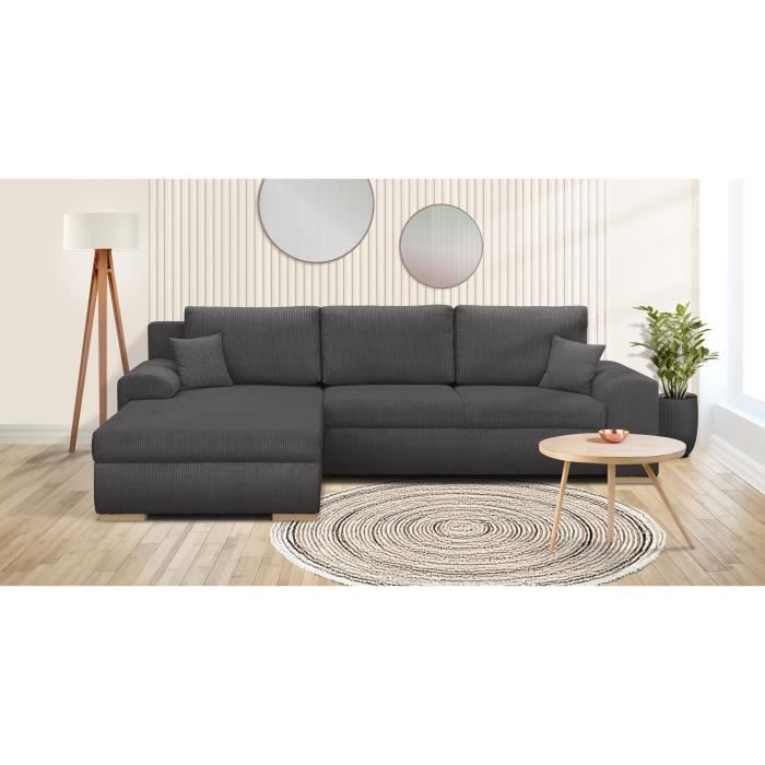 Canapé d'angle convertible - 5 places - INDIAN - Tissu velours côtelé Gris foncé - Coffre de rangement - 289 x 94/188 x 88 cm