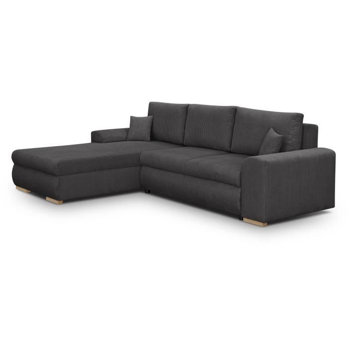 Canapé d'angle convertible - 5 places - INDIAN - Tissu velours côtelé Gris foncé - Coffre de rangement - 289 x 94/188 x 88 cm