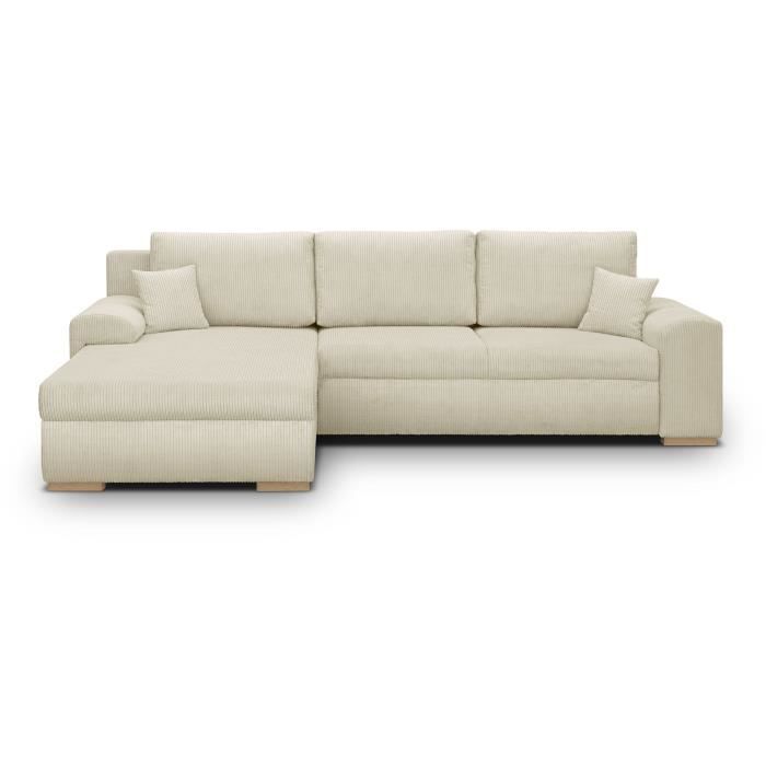 Canapé d'angle convertible - 5 places - INDIAN - Tissu velours côtelé Beige - Coffre de rangement - 289 x 94/188 x 88 cm