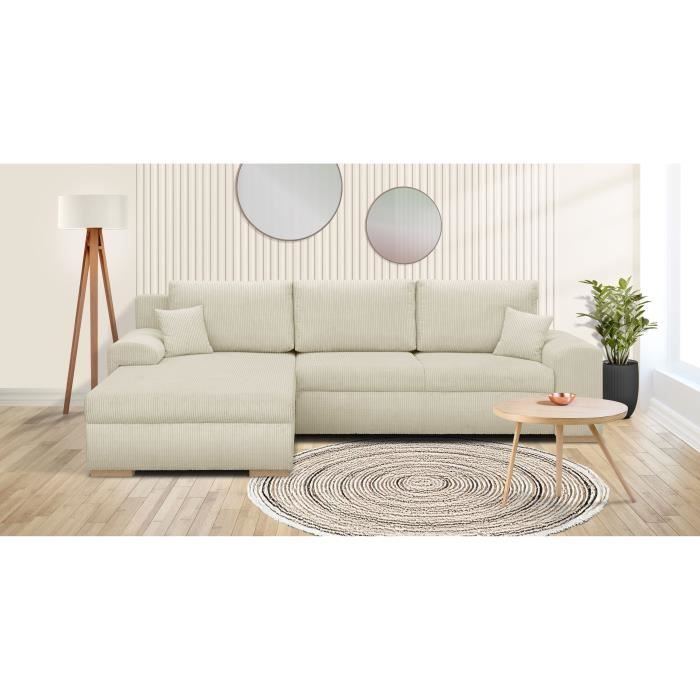 Canapé d'angle convertible - 5 places - INDIAN - Tissu velours côtelé Beige - Coffre de rangement - 289 x 94/188 x 88 cm