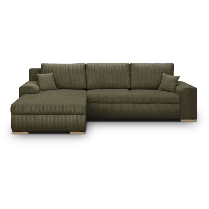 Canapé d'angle convertible - 5 places - INDIAN - Tissu velours côtelé Vert kaki - Coffre de rangement - 289 x 94/188 x 88 cm