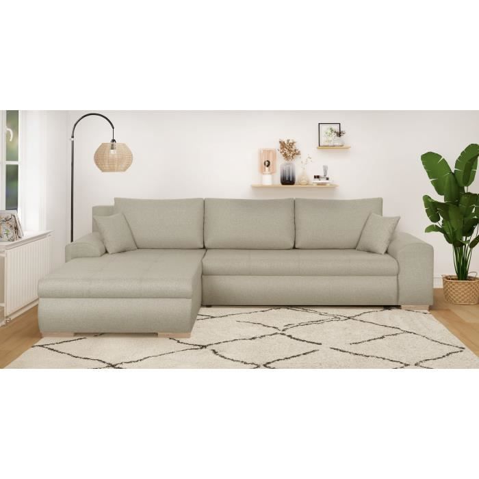 Canapé d'angle convertible réversible + coffre de rangement - Tissu Beige - L 289 x P 94/188 x H 88 cm - INDIAN