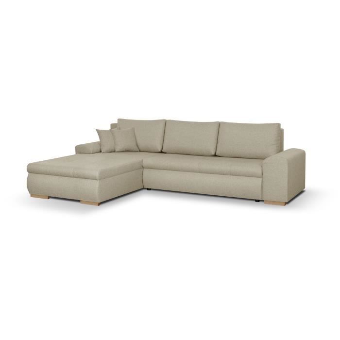 Canapé d'angle convertible réversible + coffre de rangement - Tissu Beige - L 289 x P 94/188 x H 88 cm - INDIAN