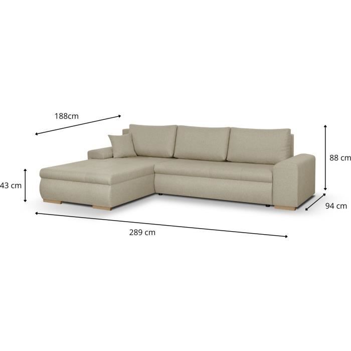 Canapé d'angle convertible réversible + coffre de rangement - Tissu Beige - L 289 x P 94/188 x H 88 cm - INDIAN