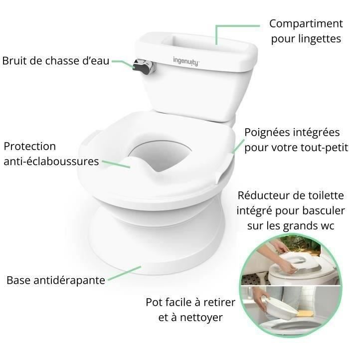 INGENUITY Mini Toilette enfant avec Réducteur de Toilette inclus, Chasse d'eau musicale et rangement lingette intégré blanc