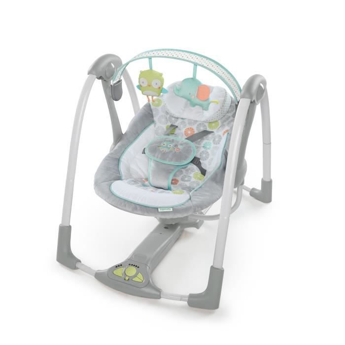 INGENUITY balancelle électrique pliable Swing and Go Hugs & Hoots- cadeau bébé, 5 vitesses de balancement, mélodies
