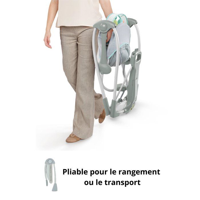 INGENUITY balancelle électrique pliable Swing and Go Hugs & Hoots- cadeau bébé, 5 vitesses de balancement, mélodies