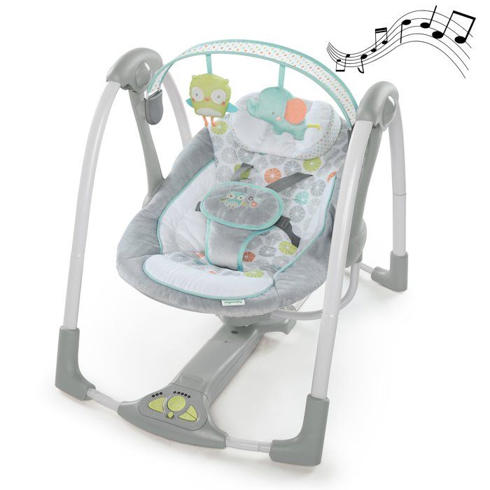 INGENUITY balancelle électrique pliable Swing and Go Hugs & Hoots- cadeau bébé, 5 vitesses de balancement, mélodies