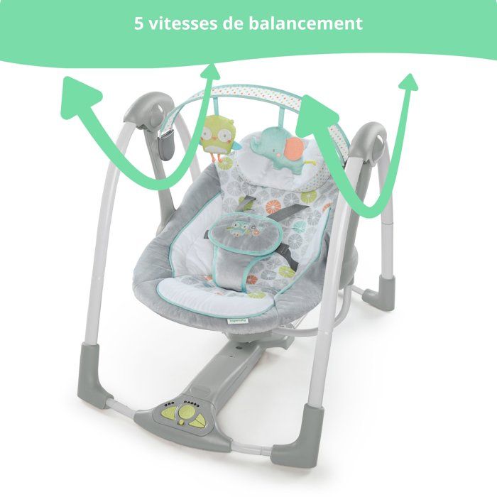 INGENUITY balancelle électrique pliable Swing and Go Hugs & Hoots- cadeau bébé, 5 vitesses de balancement, mélodies