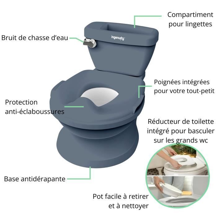 INGENUITY Mini Toilette enfant avec Réducteur de Toilette inclus, Chasse d'eau musicale et rangement lingette intégré Bleu