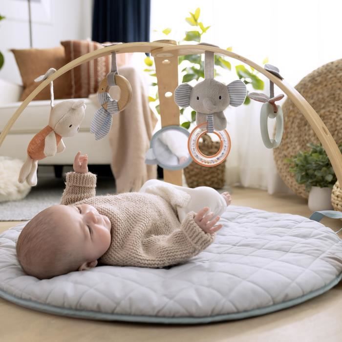 INGENUITY Tapis d'éveil réversible bébé évolutif - Loamy - pliable, arche de jeu en bois amovible, 5 jouets,Cadeau Noel bébé