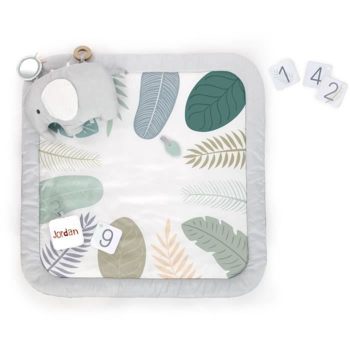 INGENUITY Tapis d'éveil bébé tout confort Petit Eléphant, 12 cartes étapes mensuelles et tableau personnalisable, cadeau bébé